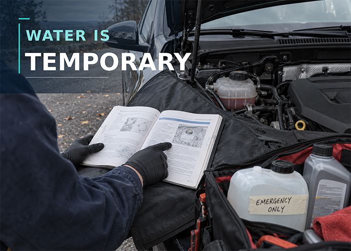 Emergency water and correct engine coolant compared beside a cool vehicle and owner’s manual.