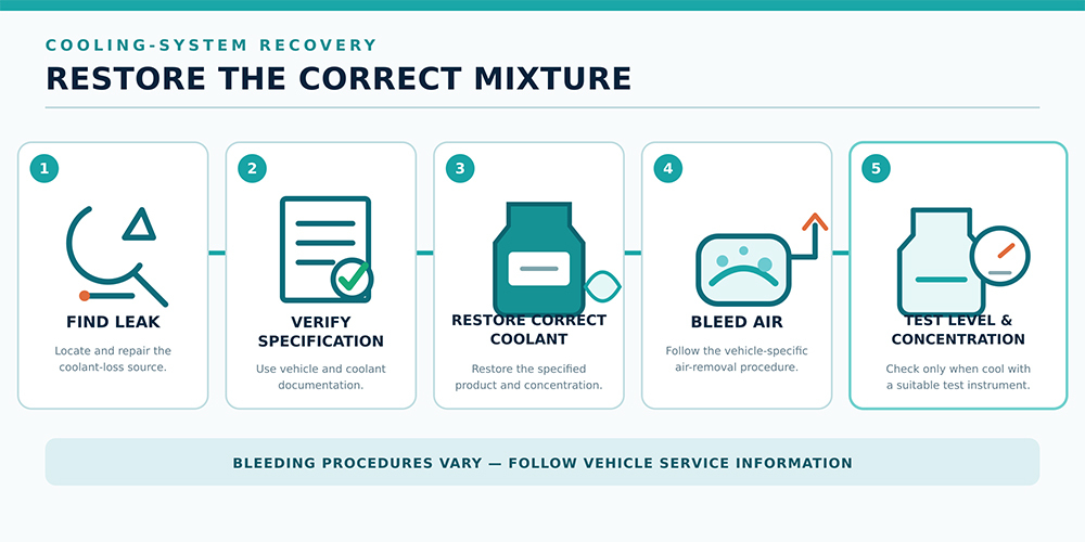 Steps to repair coolant loss and restore the vehicle’s specified coolant concentration.